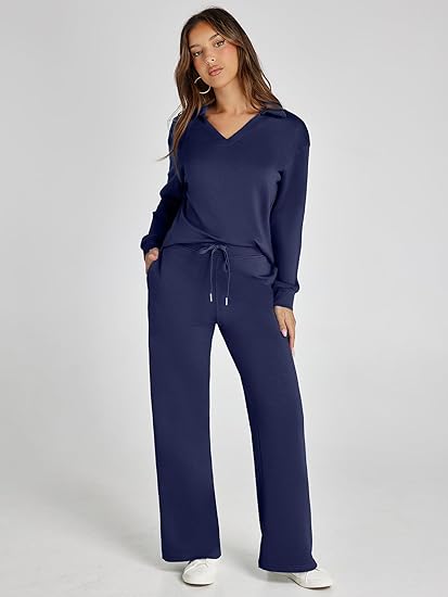 Women's Casual Long Sleeve Sweatsuits Polo Top and Wide Leg Pants Matching Sets