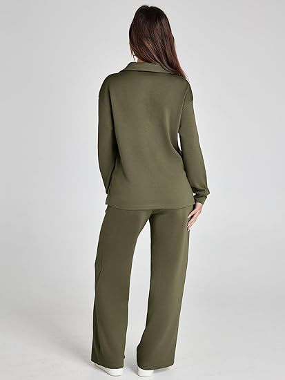 Women's Casual Long Sleeve Sweatsuits Polo Top and Wide Leg Pants Matching Sets