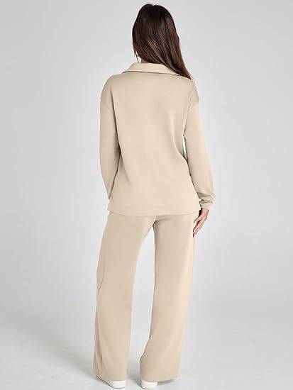 Women's Casual Long Sleeve Sweatsuits Polo Top and Wide Leg Pants Matching Sets