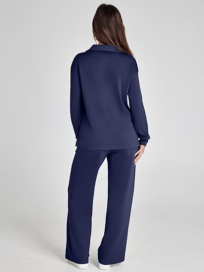 Women's Casual Long Sleeve Sweatsuits Polo Top and Wide Leg Pants Matching Sets