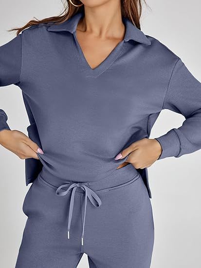Women's Casual Long Sleeve Sweatsuits Polo Top and Wide Leg Pants Matching Sets