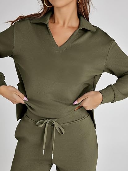 Women's Casual Long Sleeve Sweatsuits Polo Top and Wide Leg Pants Matching Sets