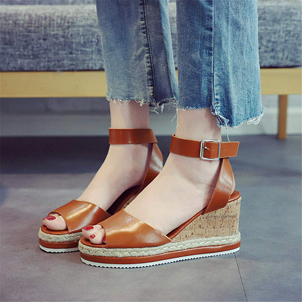 Womens High Heels Buckle Ankle Strap Flatform Wedge Leather Sandals