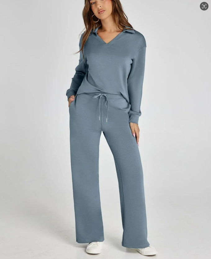 Women's Casual Long Sleeve Sweatsuits Polo Top and Wide Leg Pants Matching Sets