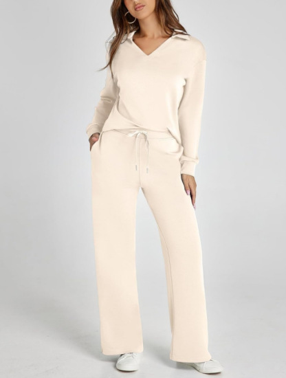 Women's Casual Long Sleeve Sweatsuits Polo Top and Wide Leg Pants Matching Sets