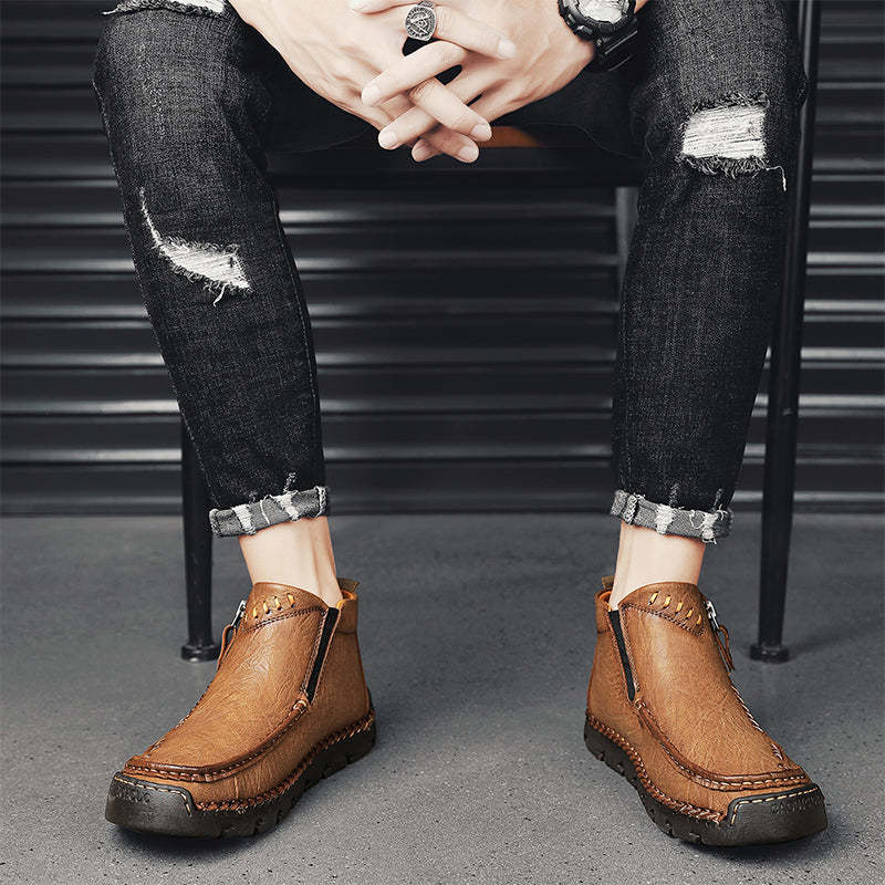 (⏰Last Day 70% OFF🔥)Men's Top-Quality Motorcycle Boots Hand-Stitched Genuine Leather Boots-Wide Toe, Waterproof， Anti-Slip， Anti-Sprain，Suitable for Work, Driving, Hiking