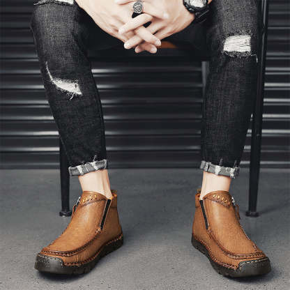 (⏰Last Day 70% OFF🔥)Men's Top-Quality Motorcycle Boots Hand-Stitched Genuine Leather Boots-Wide Toe, Waterproof， Anti-Slip， Anti-Sprain，Suitable for Work, Driving, Hiking