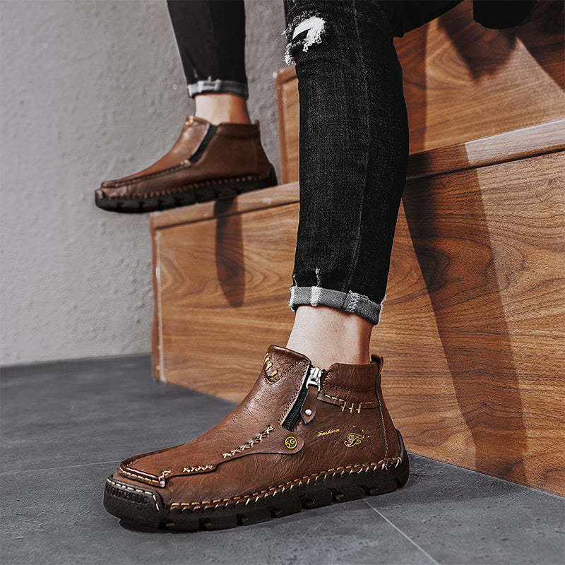 (⏰Last Day 70% OFF🔥)Men's Top-Quality Motorcycle Boots Hand-Stitched Genuine Leather Boots-Wide Toe, Waterproof， Anti-Slip， Anti-Sprain，Suitable for Work, Driving, Hiking