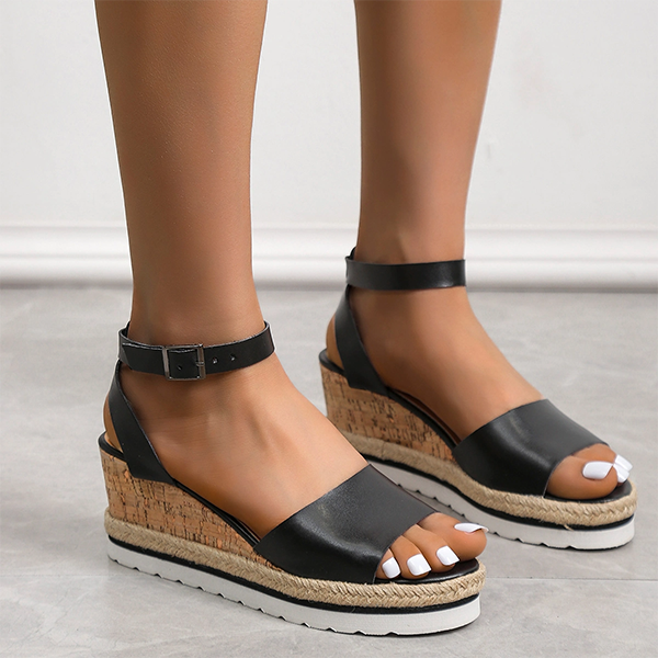 Womens High Heels Buckle Ankle Strap Flatform Wedge Leather Sandals