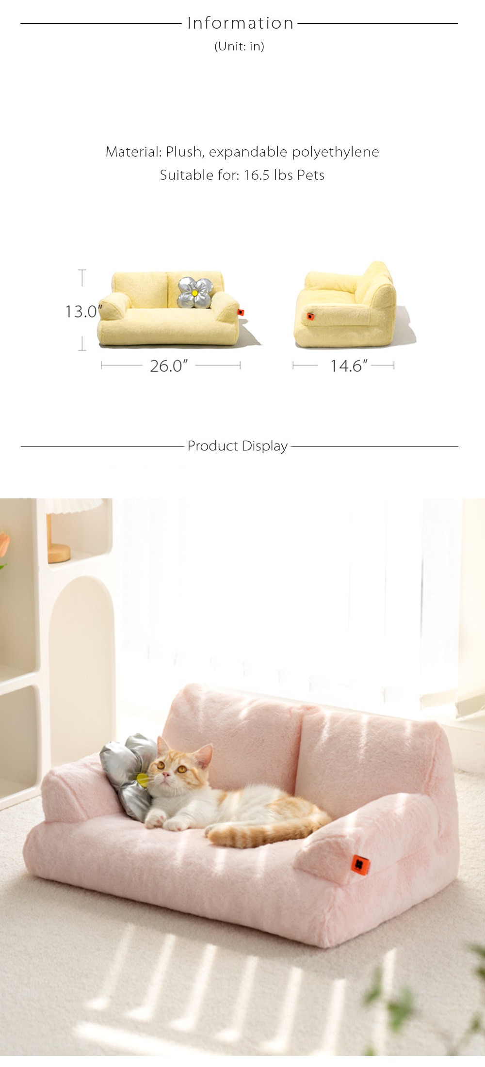 Sofa Shaped Cat Bed - Plush - Pink - Yellow - 4 Colors Great For Your Pets