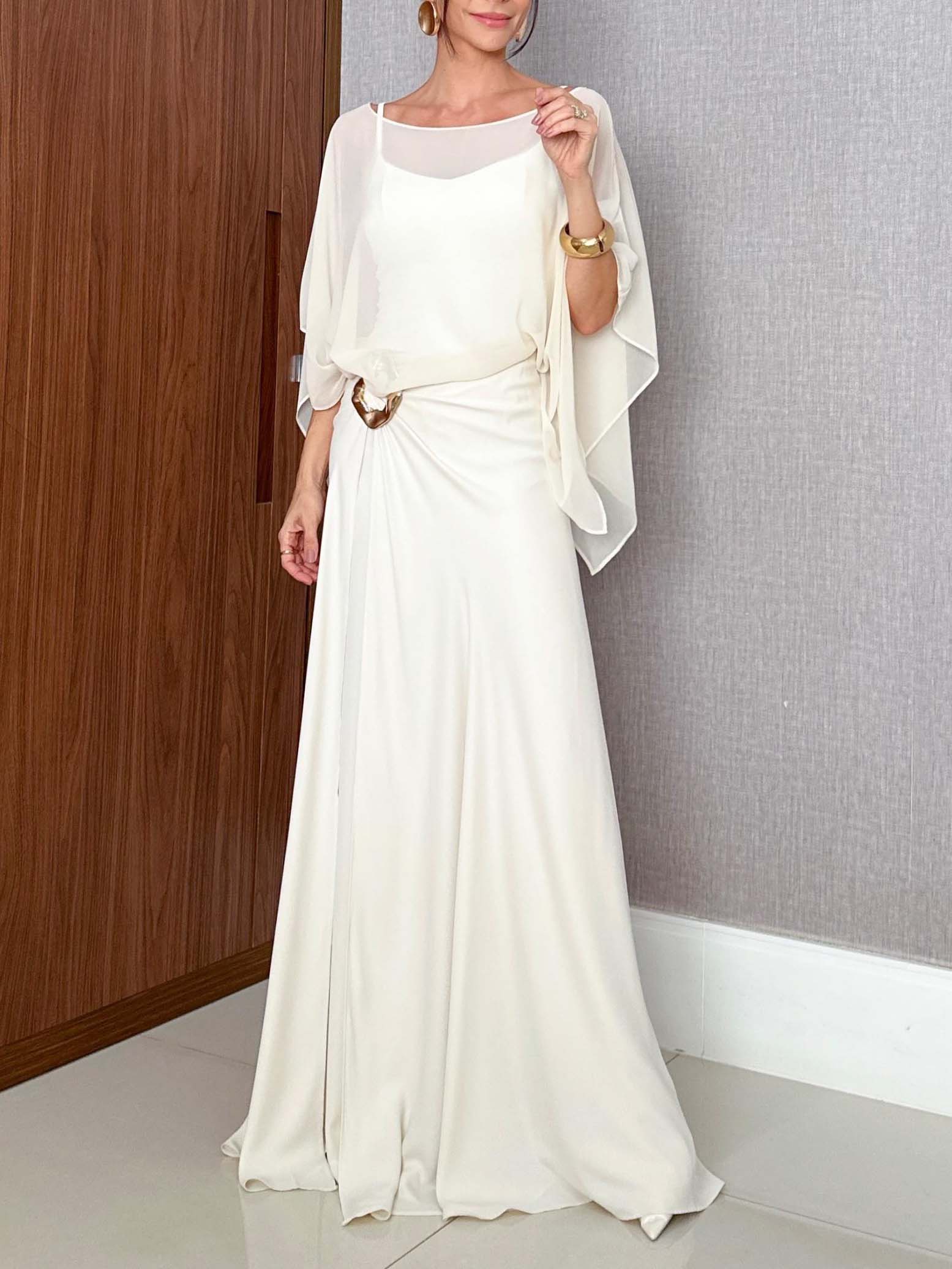 Elegant Chiffon Cape Top & Wide-Leg Pants Two-Piece Set