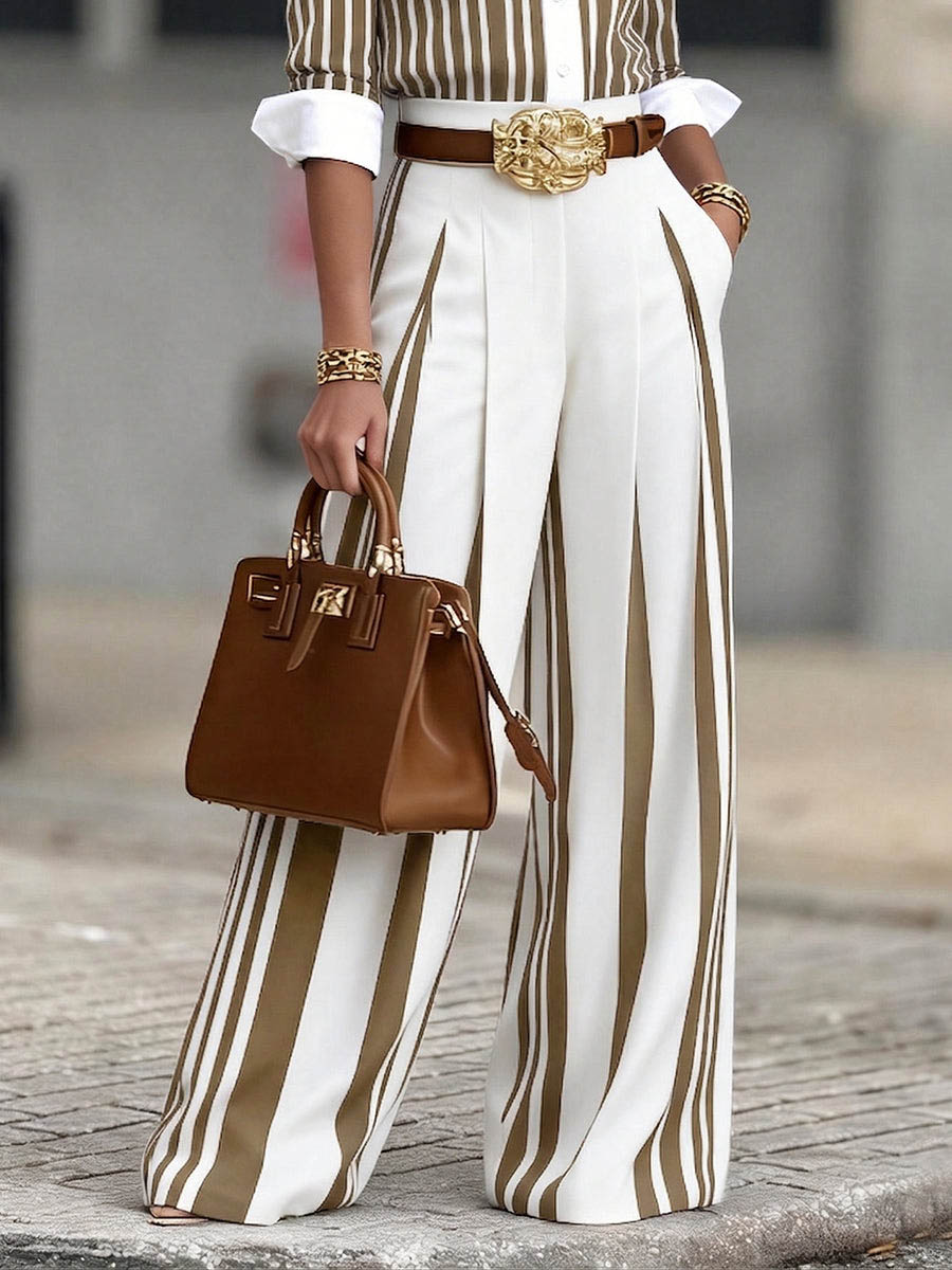 Elegant Striped Shirt & High Waist Wide Leg Pants Set