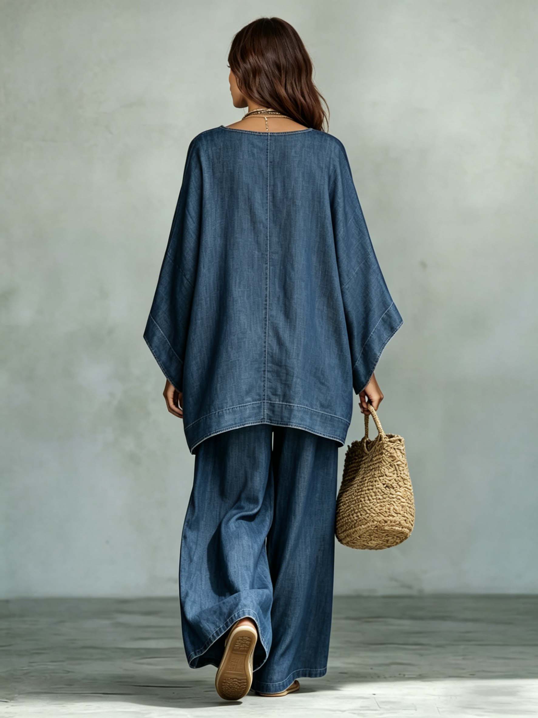 Casual Denim Batwing Asymmetrical Top & Wide Leg Pants Set