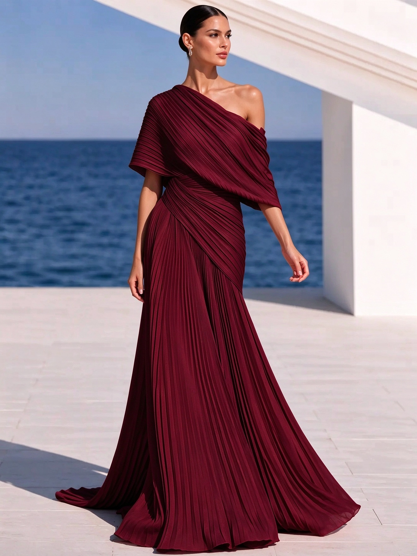 Vibrant Orange One-Shoulder Pleated Maxi Dress – Grecian Gown