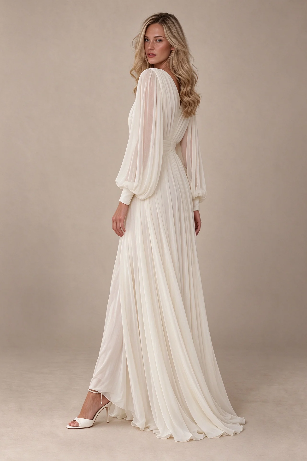 Deep V-Neck Long Sleeve Chiffon Ruched A-Line Maxi Wedding Dress [erp-image:c459c7ef0efc0e6706c56b78]