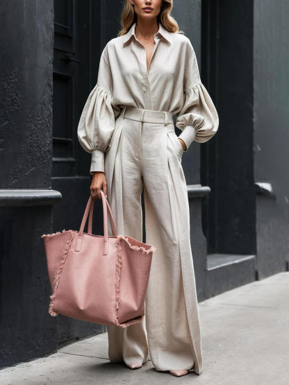 Fashionable Casual Solid Color Unique Pleated Pocket High Waist Wide Leg Pants