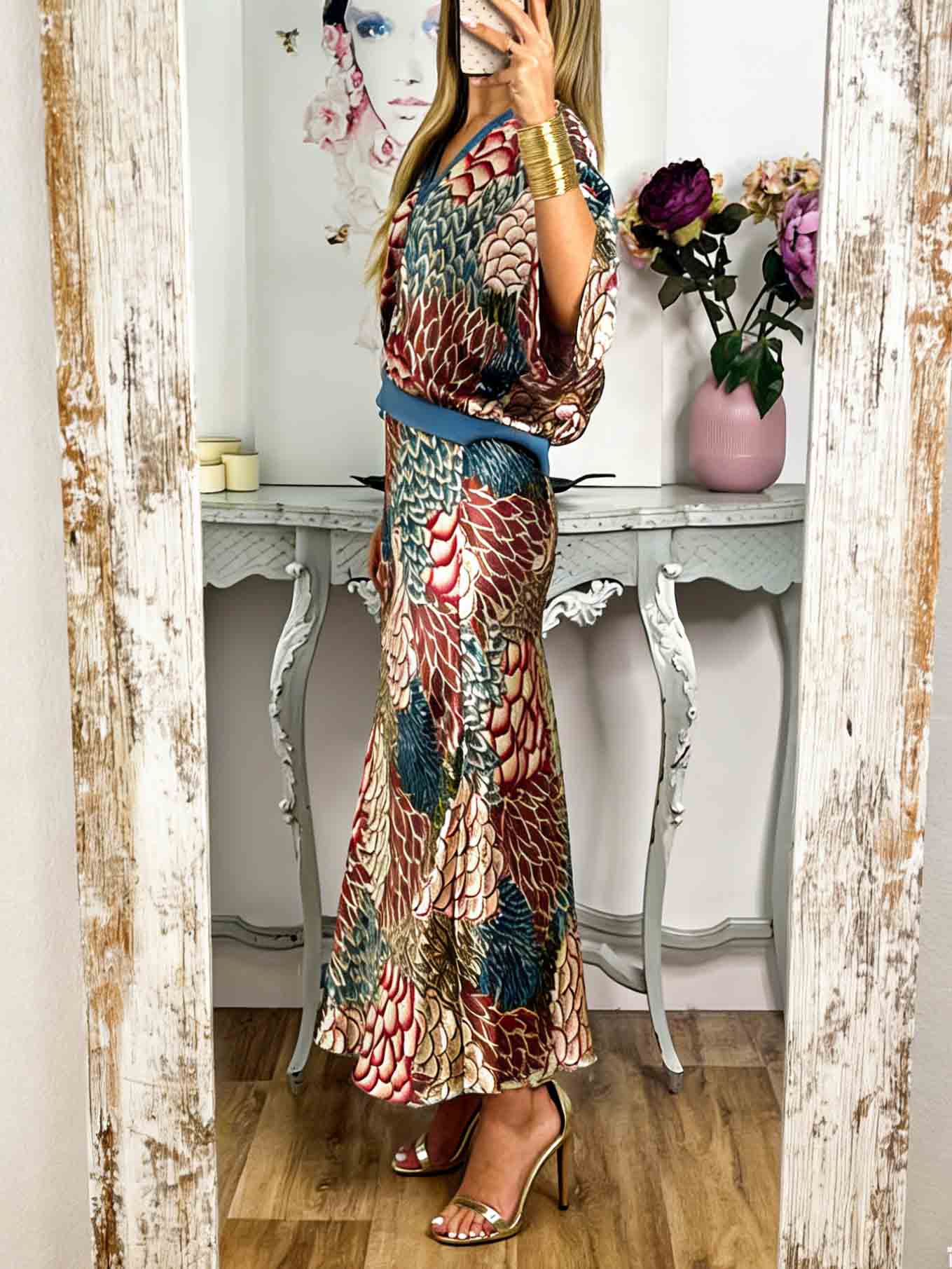 Retro Scale Print Satin Printed Skirt