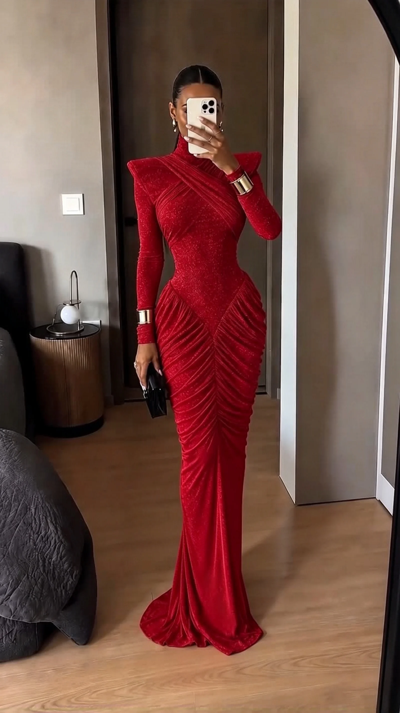 Red Glitter High Neck Ruched Long Sleeve Maxi Evening Dress with Shoulder Pads [erp-image:08b6a424896b9df63d23ef60]