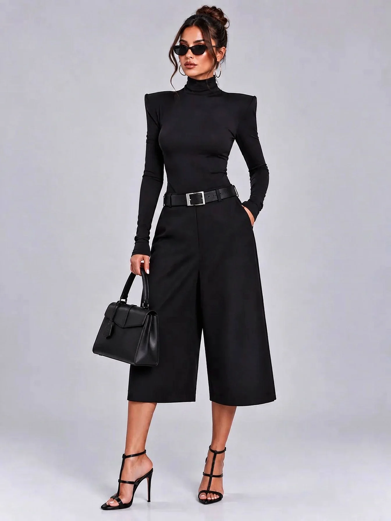 Women's Black Padded Shoulder High Neck Long Sleeve Top and Bermuda Shorts Two Piece Set [erp-image:8df0385fe1deeb6436d8a5ed]