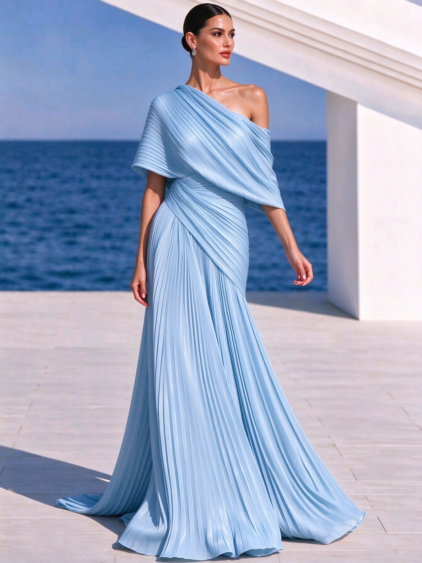 Vibrant Orange One-Shoulder Pleated Maxi Dress – Grecian Gown
