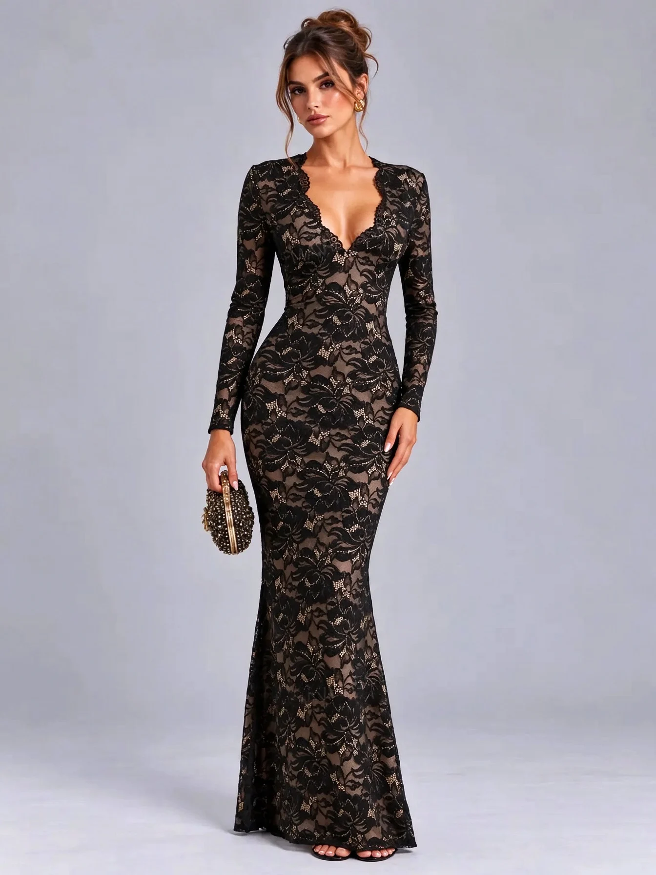 Black Floral Lace Plunge Neck Long Sleeve Maxi Evening Dress [erp-image:819f3b8faf68fe2af1101eb0]