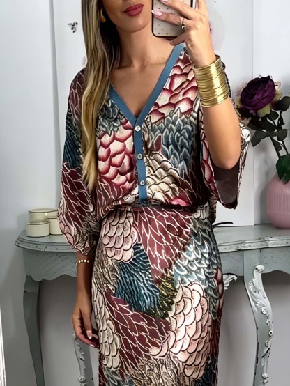 Retro Scale Print Satin Skirt Two-Piece Set