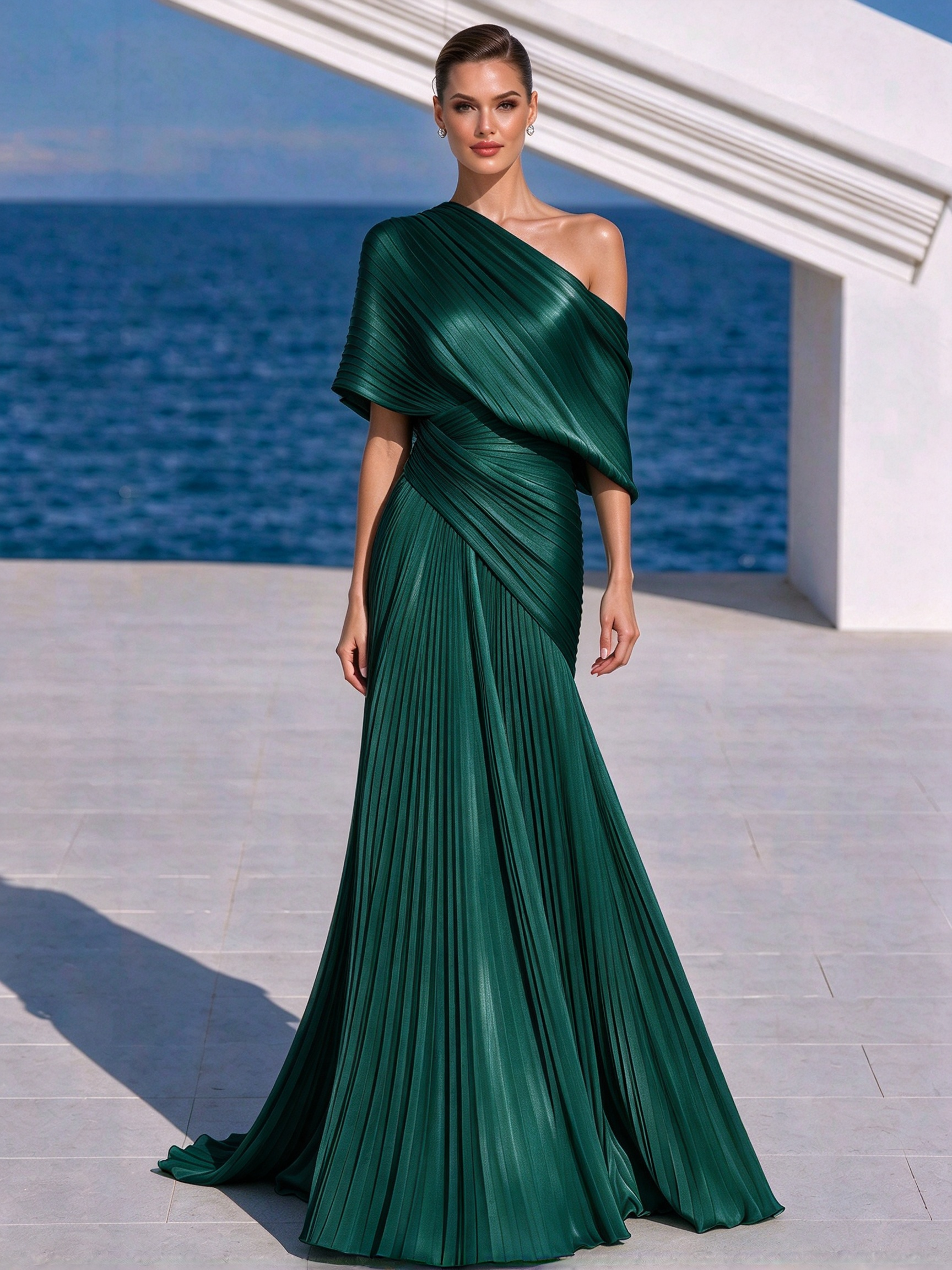 Vibrant Orange One-Shoulder Pleated Maxi Dress – Grecian Gown