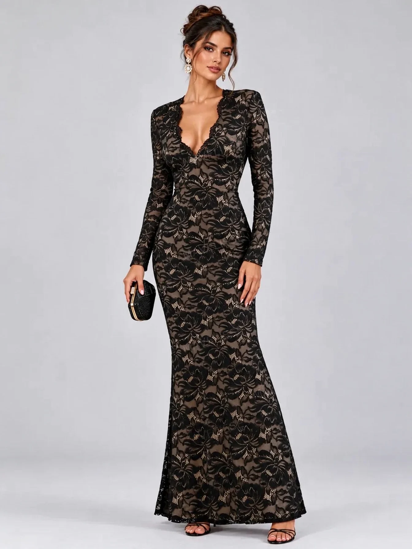 Black Floral Lace Plunge Neck Long Sleeve Maxi Evening Dress [erp-image:2bf99f4be21a11fcbdfa1e11]
