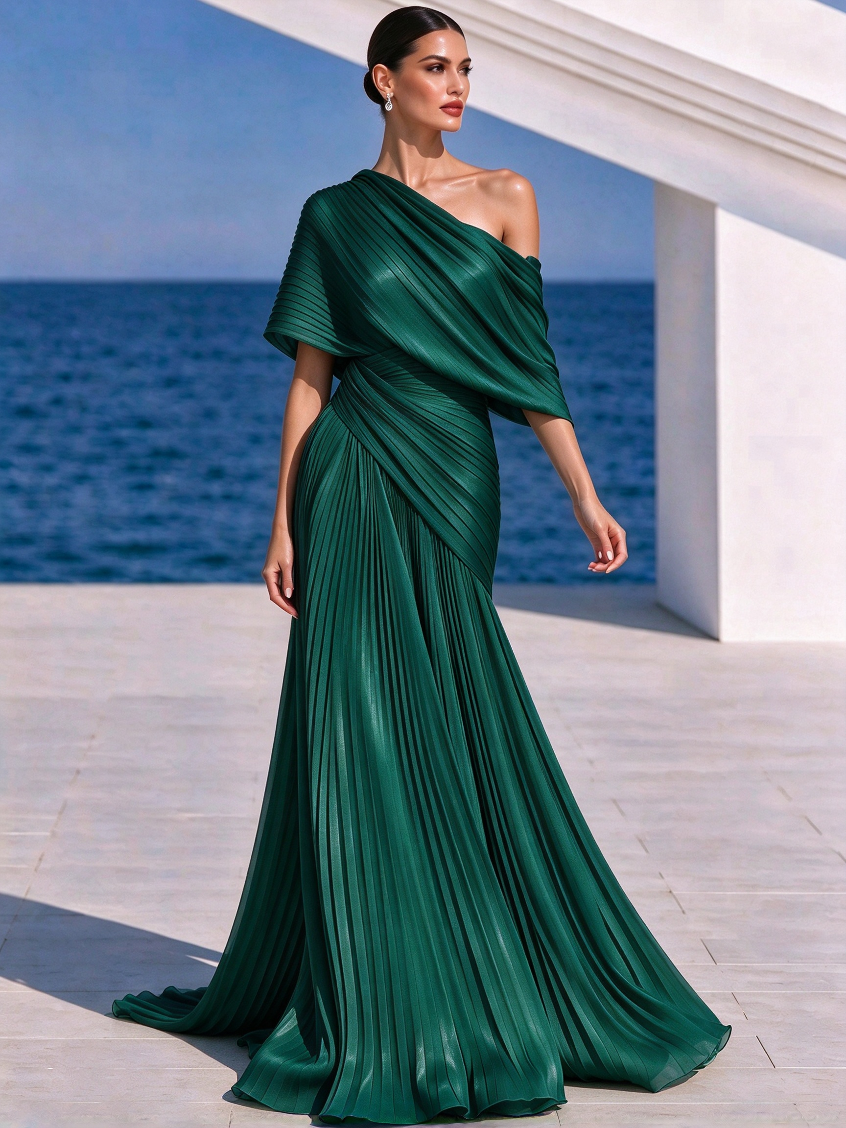 Vibrant Orange One-Shoulder Pleated Maxi Dress – Grecian Gown