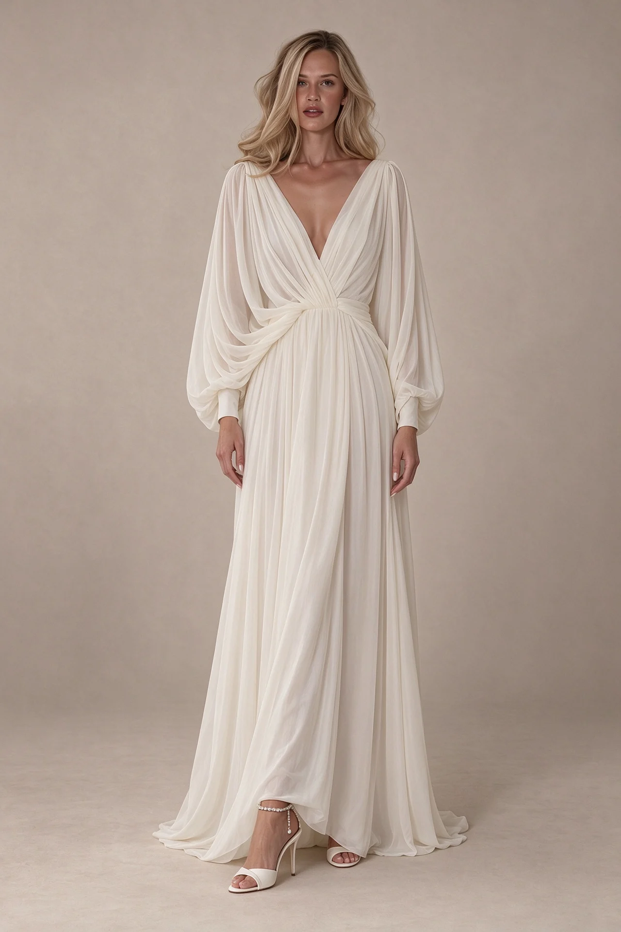 Deep V-Neck Long Sleeve Chiffon Ruched A-Line Maxi Wedding Dress [erp-image:d80c691e2b22b1a0b7952384]