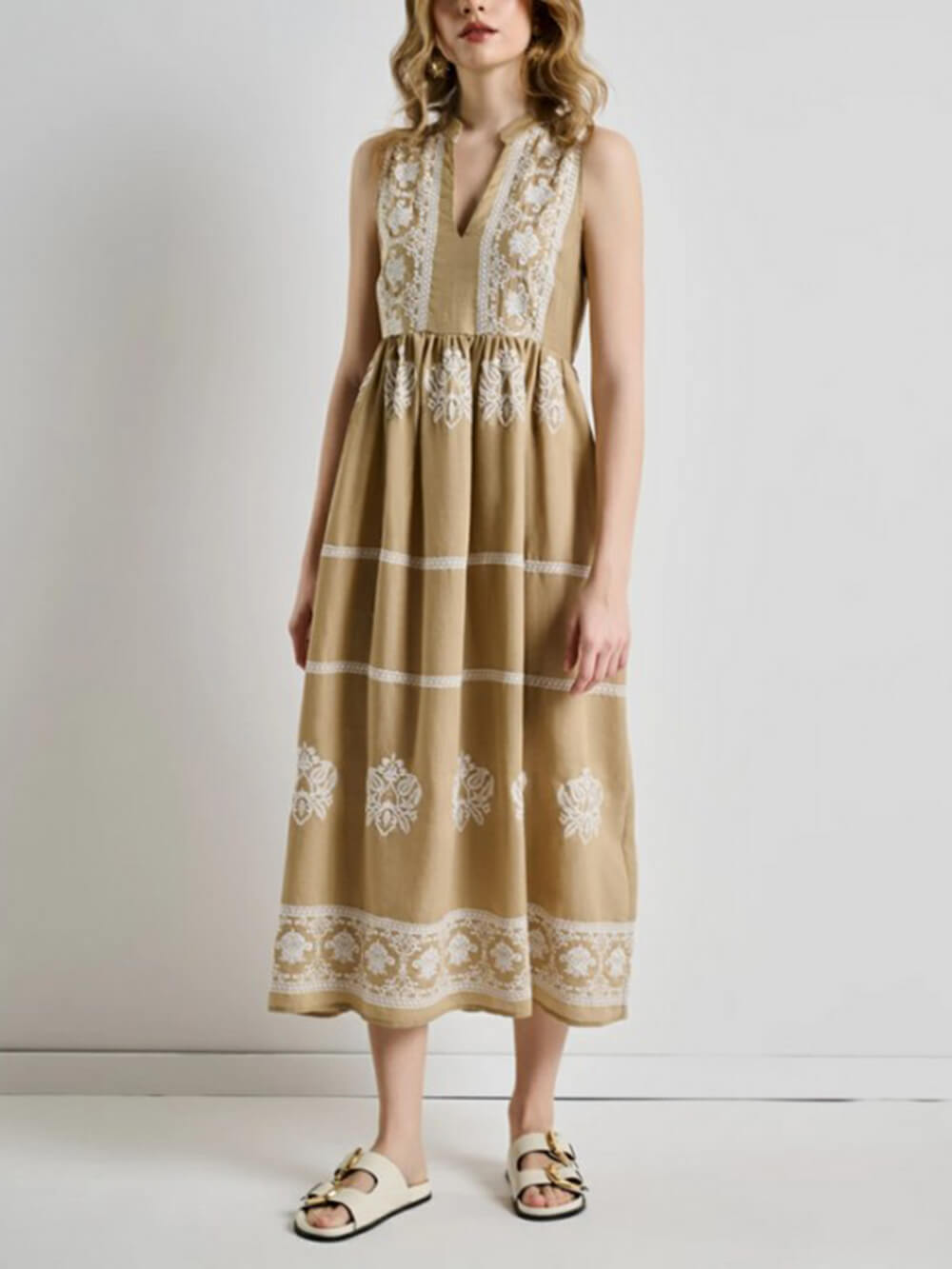 Classic Ethnic Print Ruffle Sleeveless Midi Dress