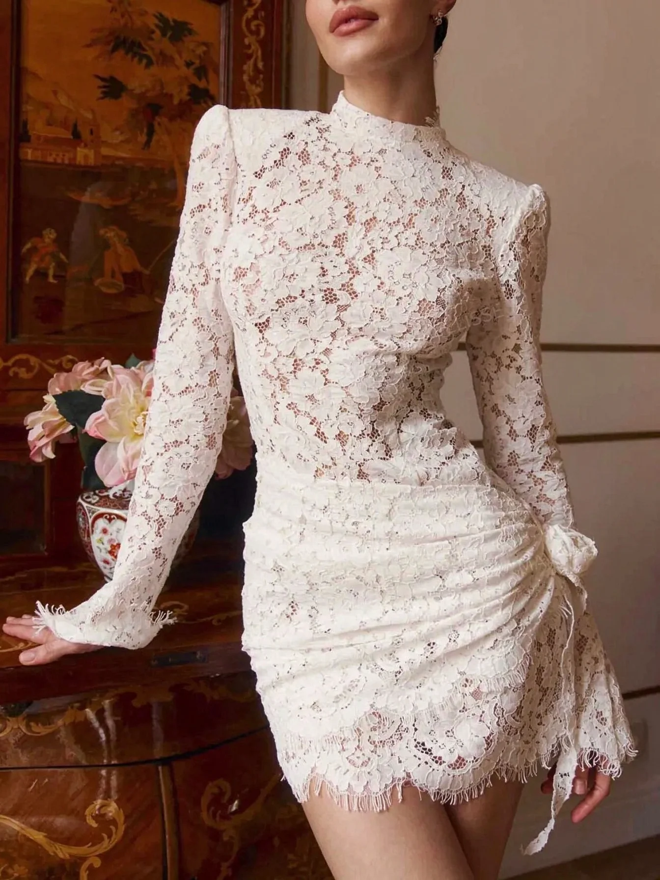 High Neck Long Sleeve Floral Lace Ruched Bodycon Cocktail Mini Dress [erp-image:944d5ead7c412884ebd852fe]