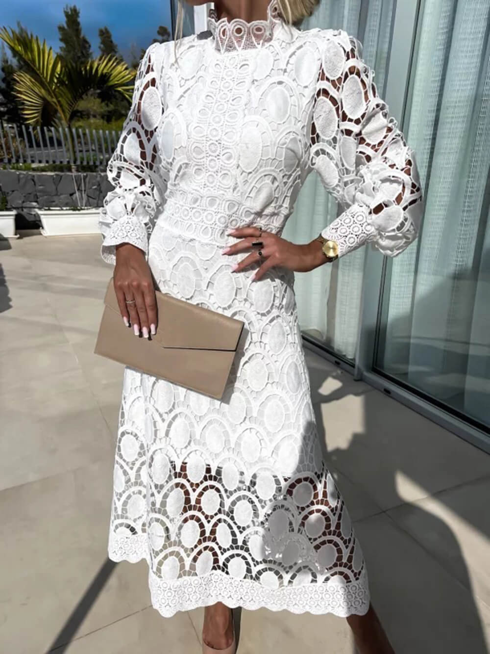 French Lace High-Neck Puff Sleeve Waist-Cinching Midi Dress