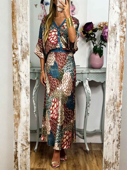 Retro Scale Print Satin Skirt Two-Piece Set