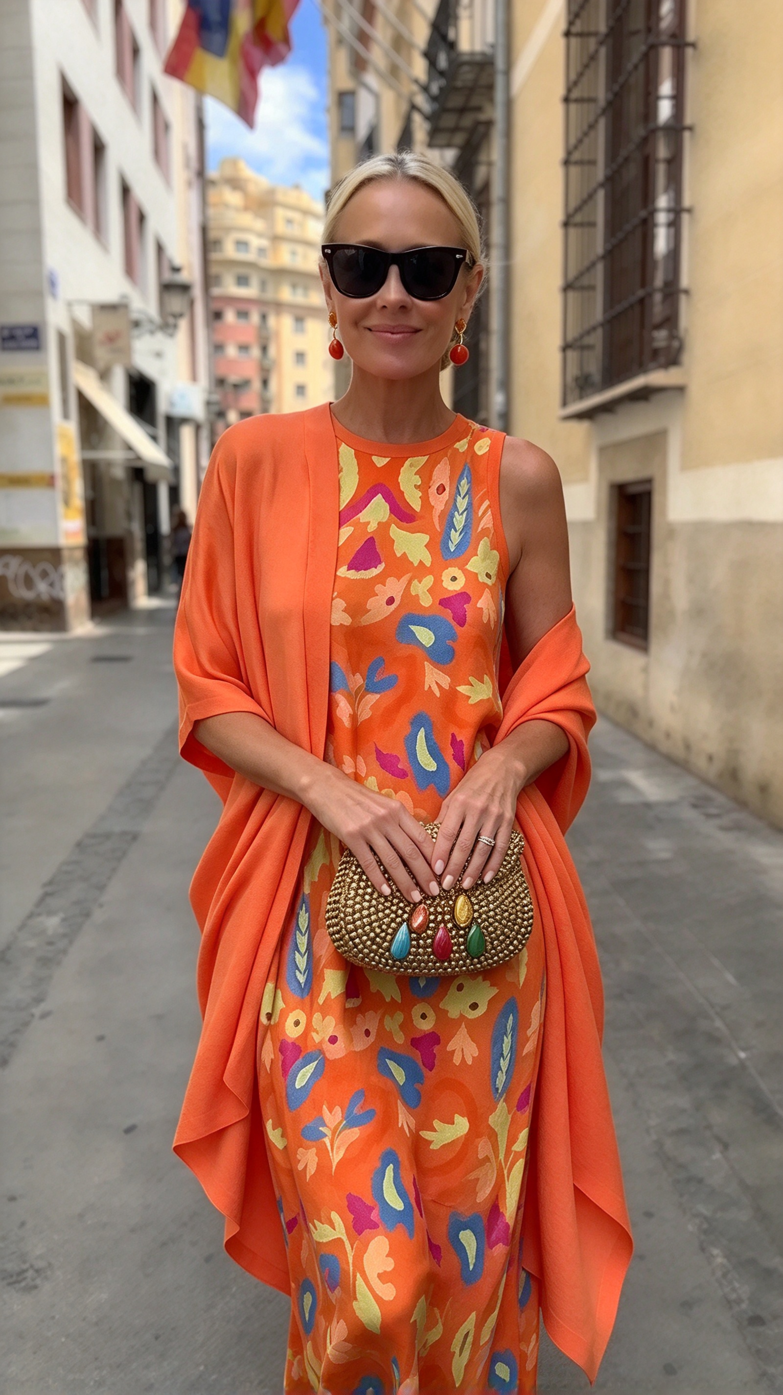 Women's Orange Boho Print Sleeveless Maxi Dress and Long Cardigan Two Piece Outfit Set