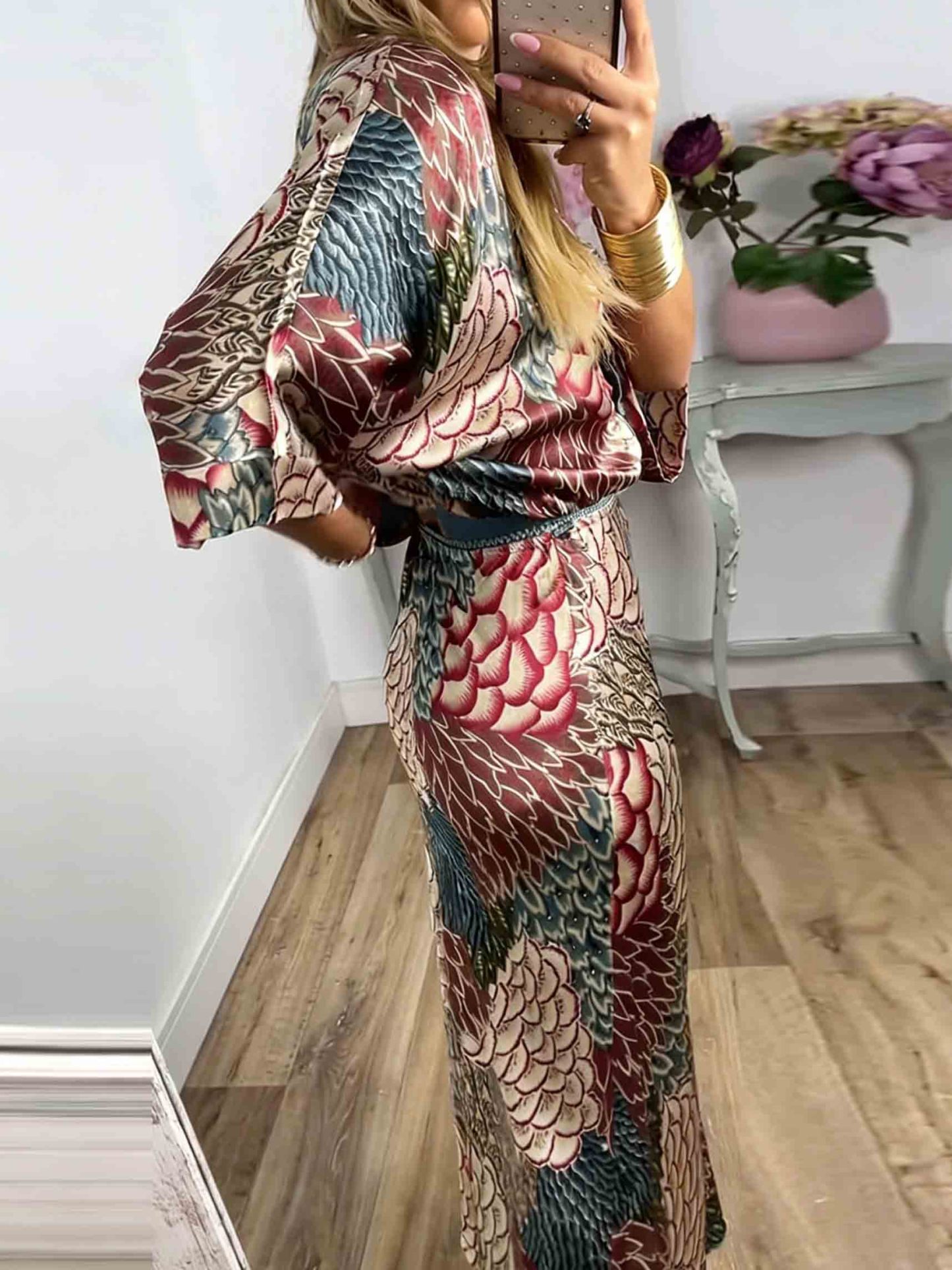 Retro Scale Print Satin Skirt Two-Piece Set