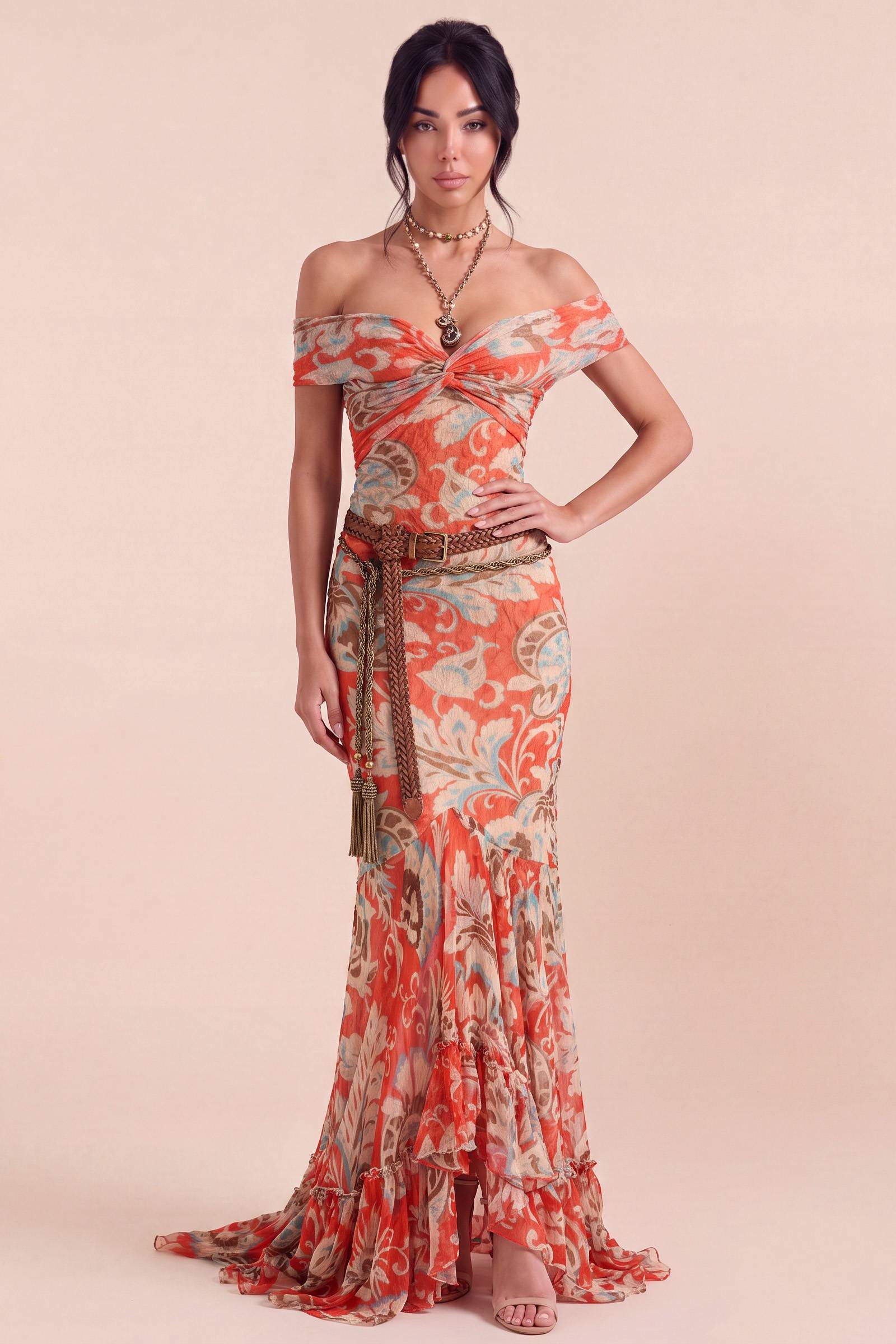 Vintage Red-tone Paisley Kink Sleeveless Slim-fit Fishtail Dress