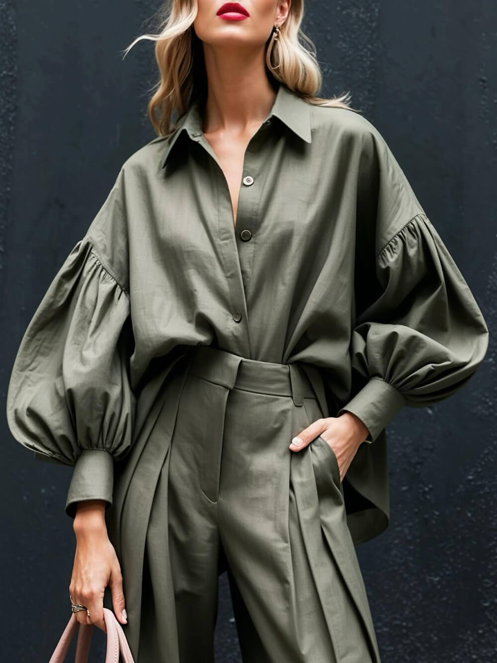 Fashionable Casual Solid Color Lantern Sleeve Loose Button-Down Oversized Shirt
