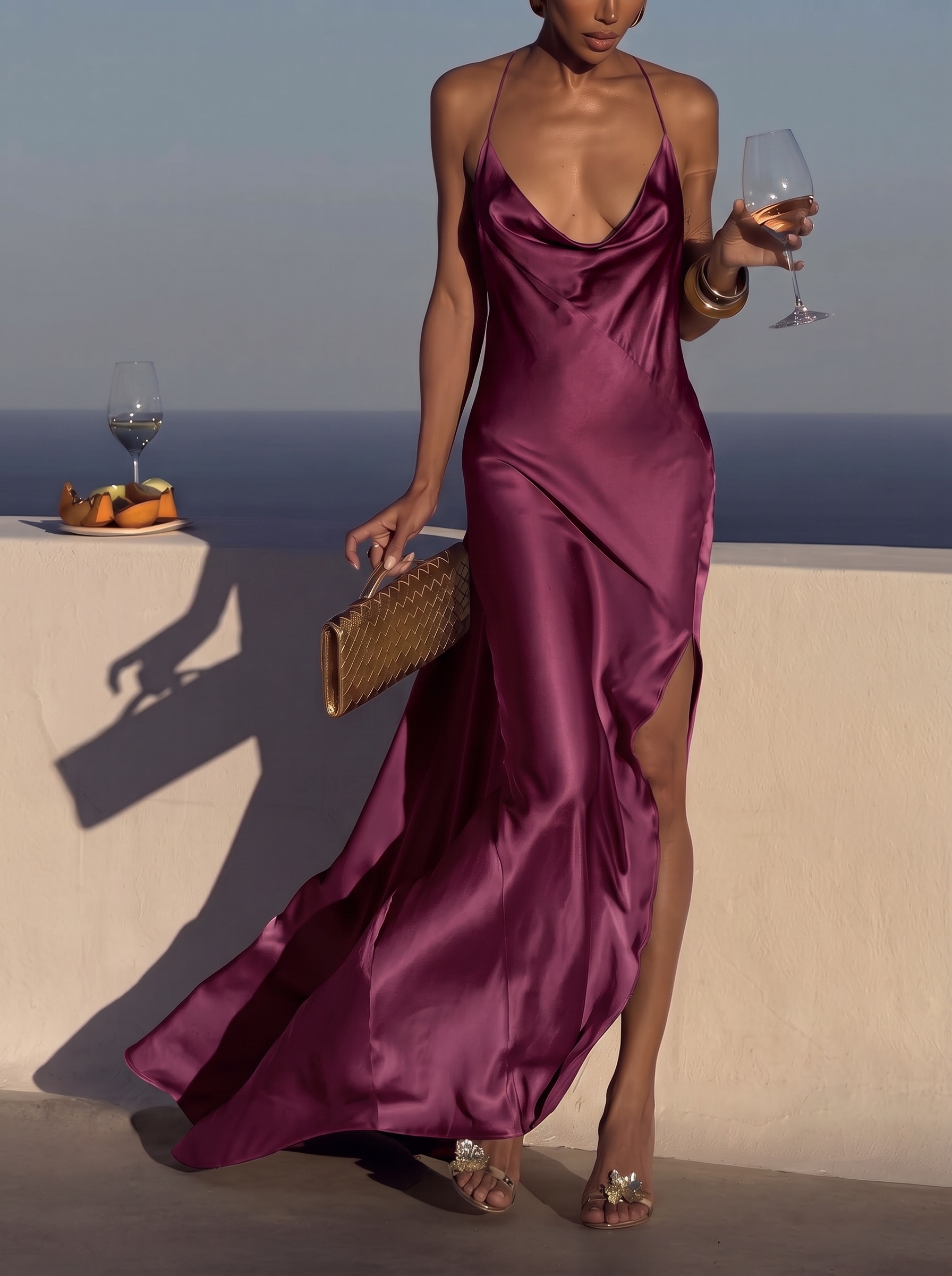 Elegant Satin Draped Backless Maxi Dress