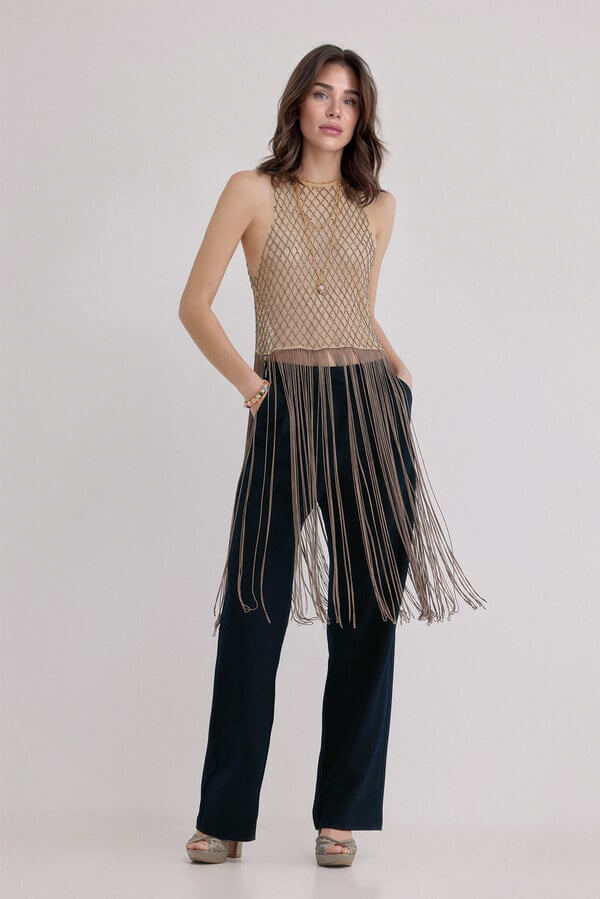 Fashionable Tassel-Trimmed Beaded Sleeveless Top