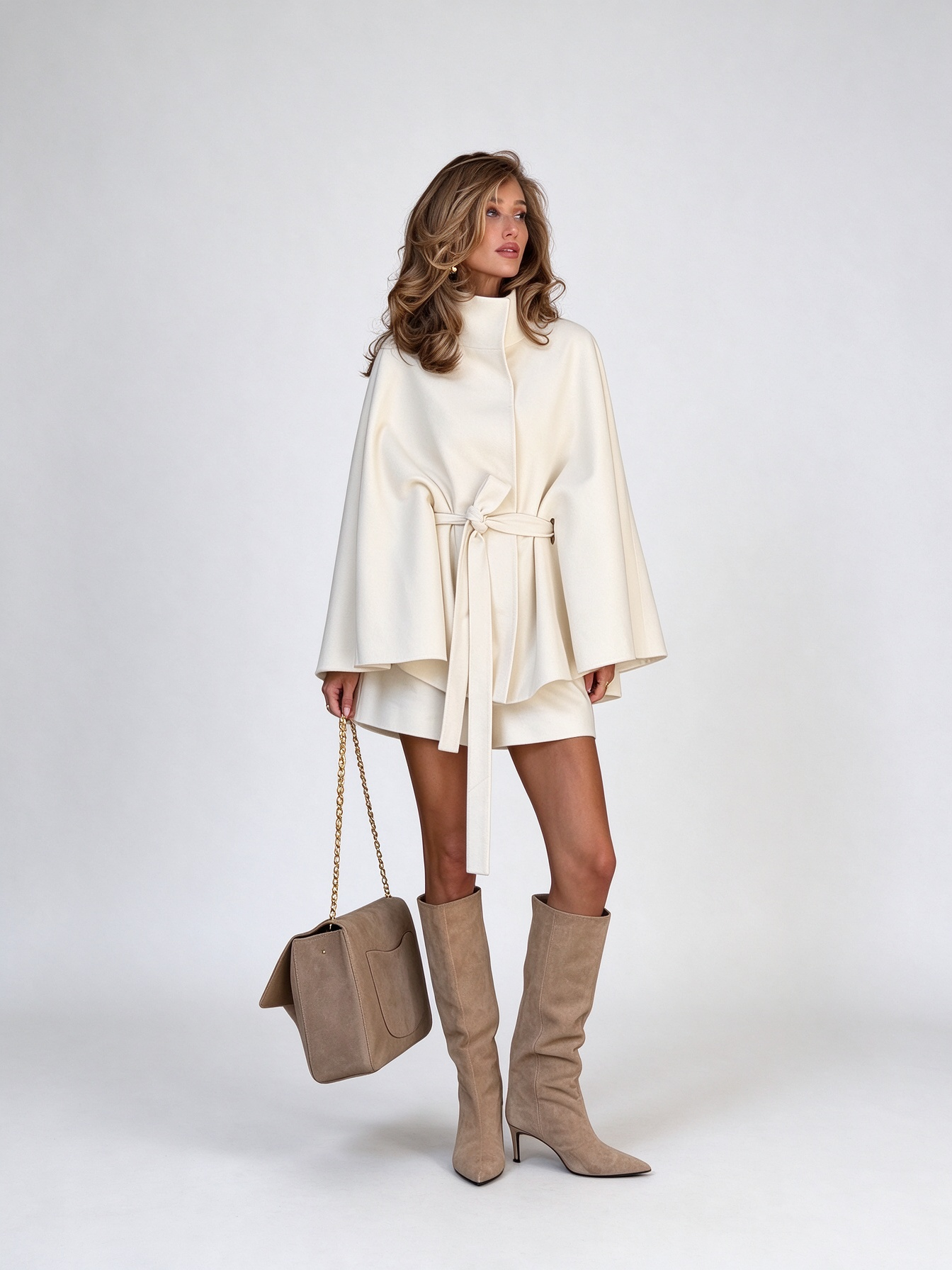 High Neck Belted Cape Coat and Shorts Two Piece Outfit Set