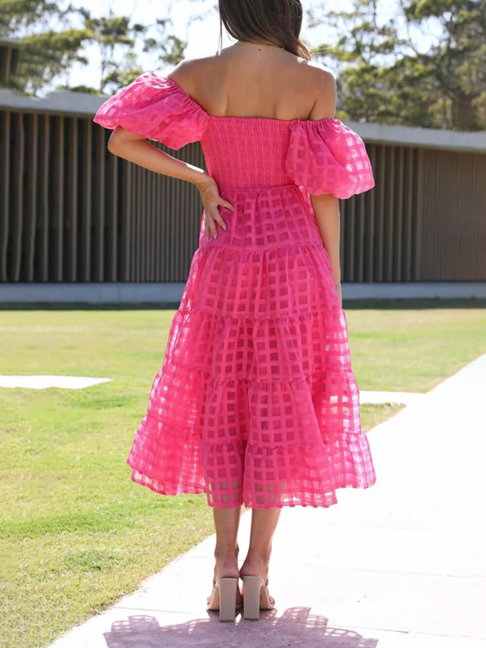 Fashionable One-Shoulder Chiffon Puff Sleeve Swing Midi Dress