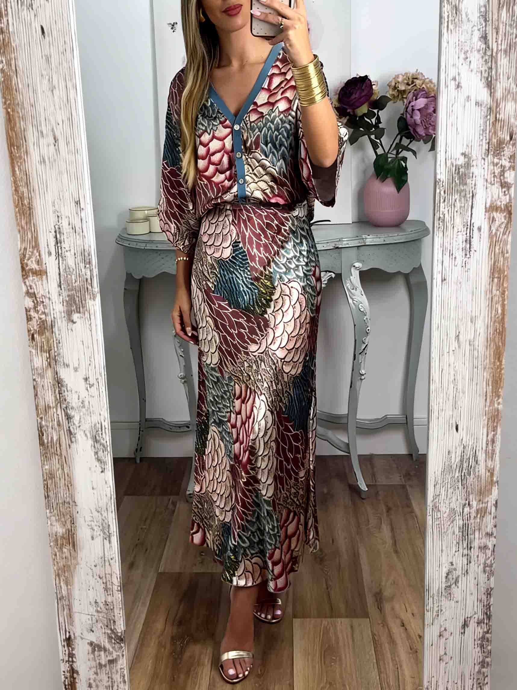 Retro Scale Print Satin Skirt Two-Piece Set