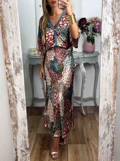 Retro Scale Print Satin Skirt Two-Piece Set