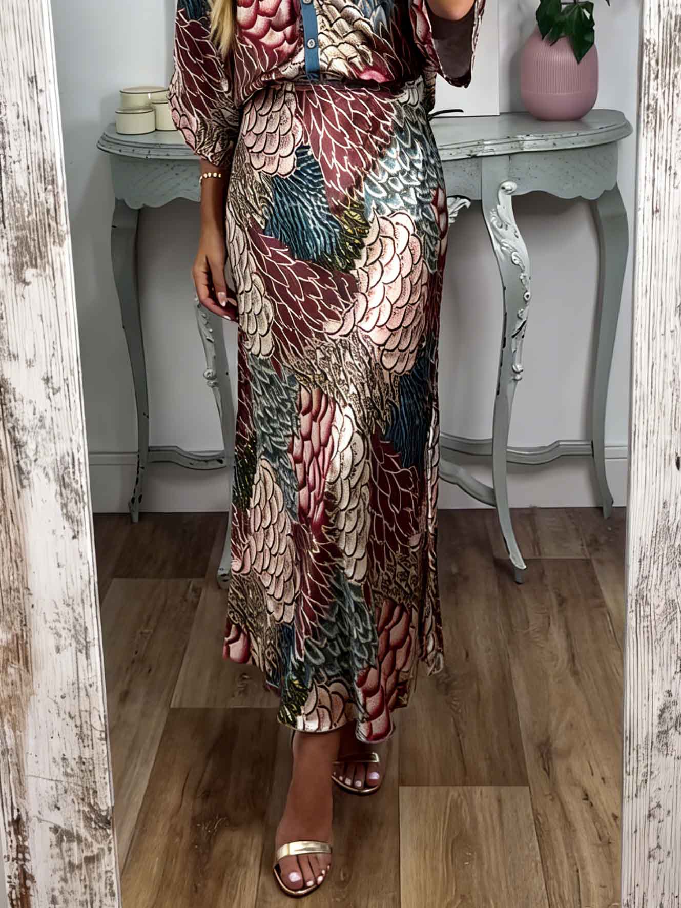 Retro Scale Print Satin Printed Batwing Sleeve Top