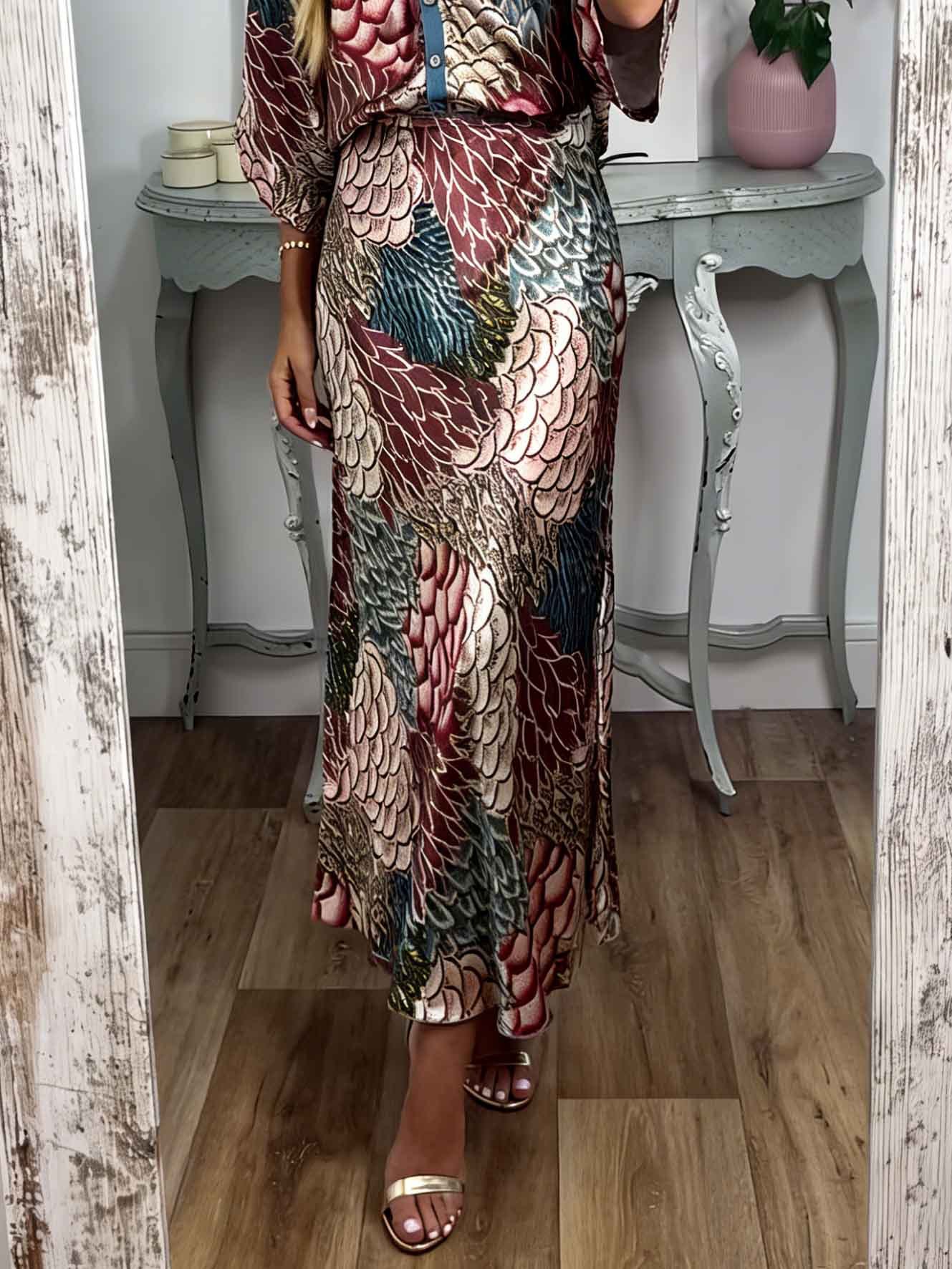 Retro Scale Print Satin Skirt Two-Piece Set