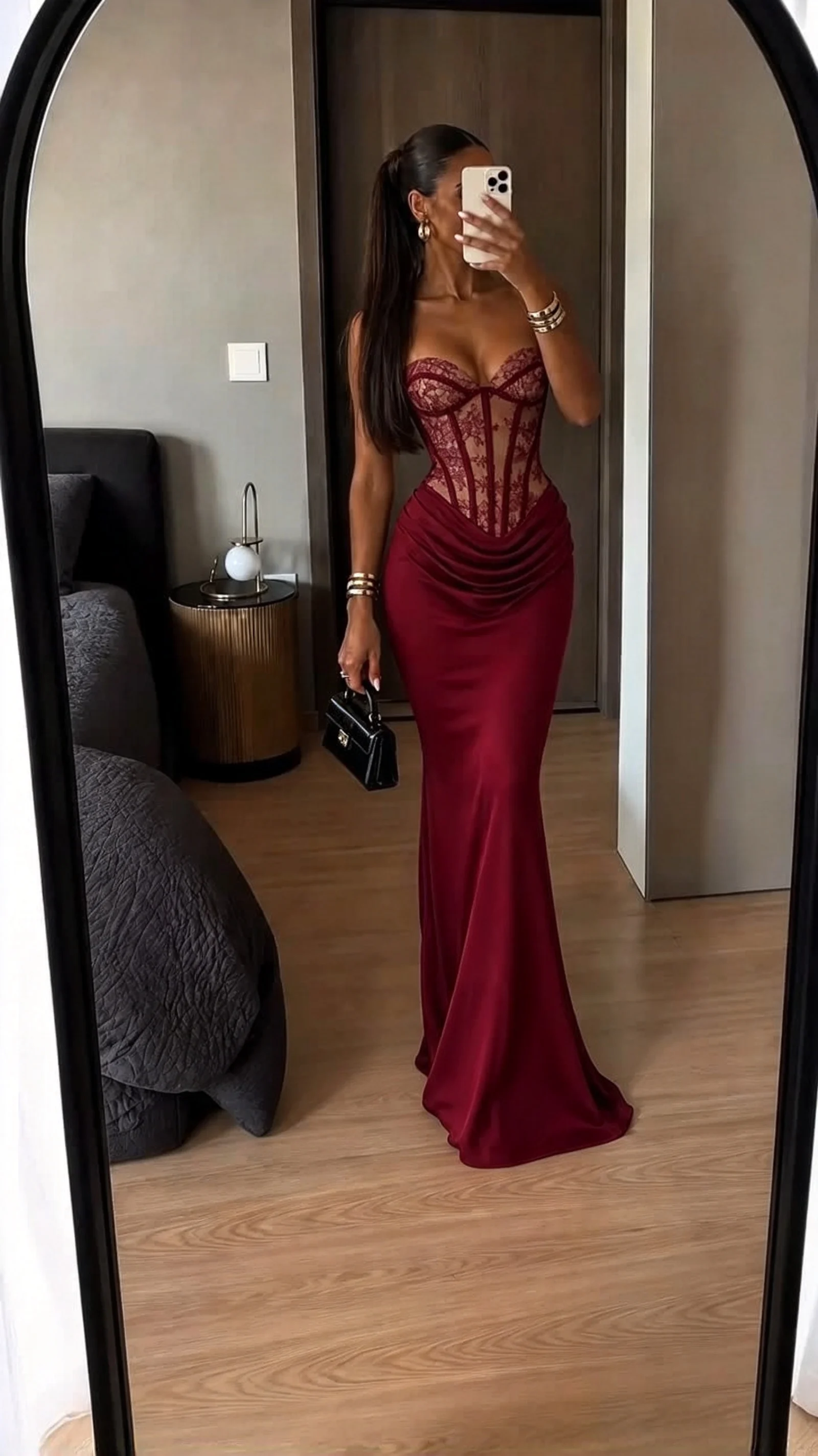 Burgundy Strapless Lace Corset Draped Bodice Floor Length Evening Maxi Dress [erp-image:5eda14d1a53076df6641403c]