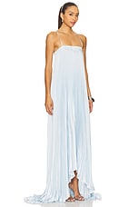 Ethereal Baby Blue Plissé Maxi Dress With Spaghetti Straps & Asymmetric Hem