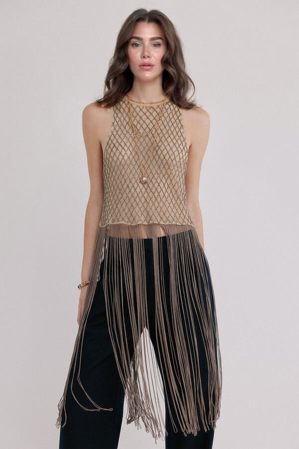 Fashionable Tassel-Trimmed Beaded Sleeveless Top