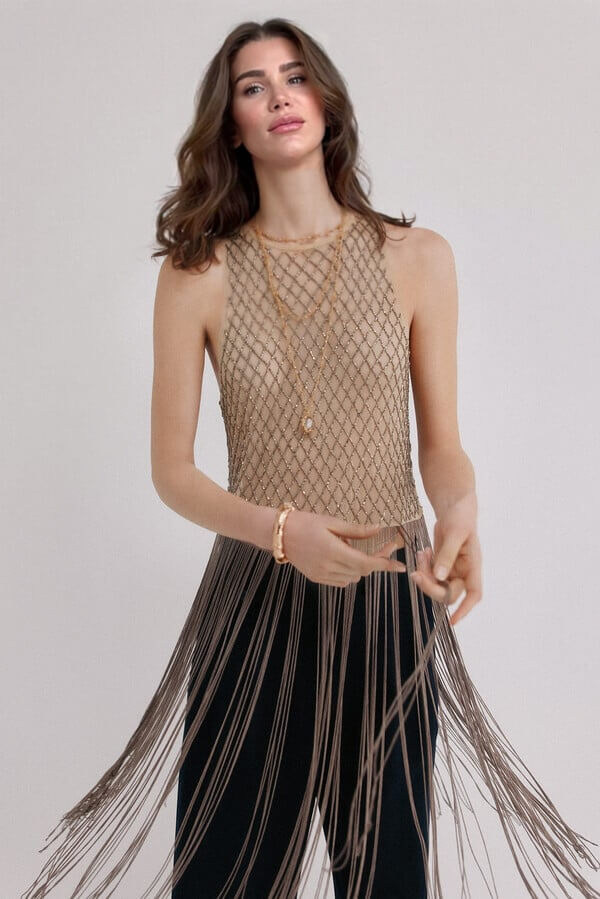 Fashionable Tassel-Trimmed Beaded Sleeveless Top